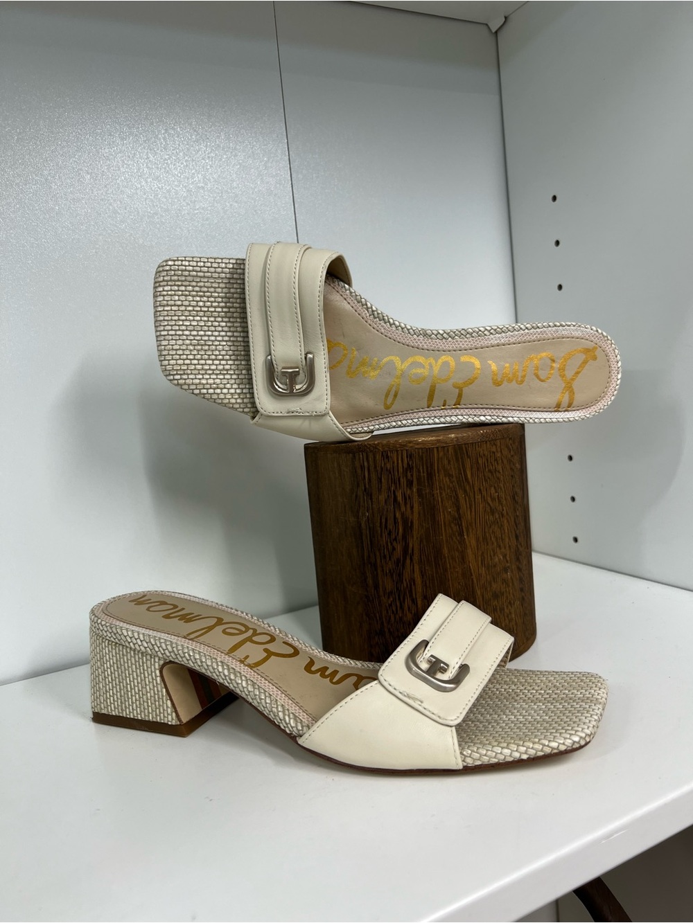 🔥Sam Edelman Cream Open-Toe Buckle Mid-Heel Mules gorgeous size 8